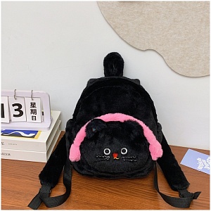 Рюкзак плюшевый "Котик в наушниках" черный оптом со склада в Москве