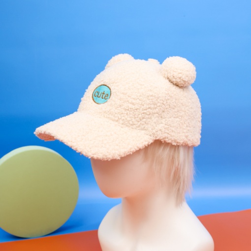 Бейсболка плюшевая "Cute" с ушками, бежевый (54-60см)