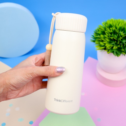 Термос "Think Different" с кисточкой, бежевый, 400мл оптом