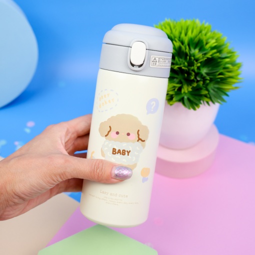 Термос "Lazy and Cute" с трубочкой, светло-серый, 380 мл. оптом