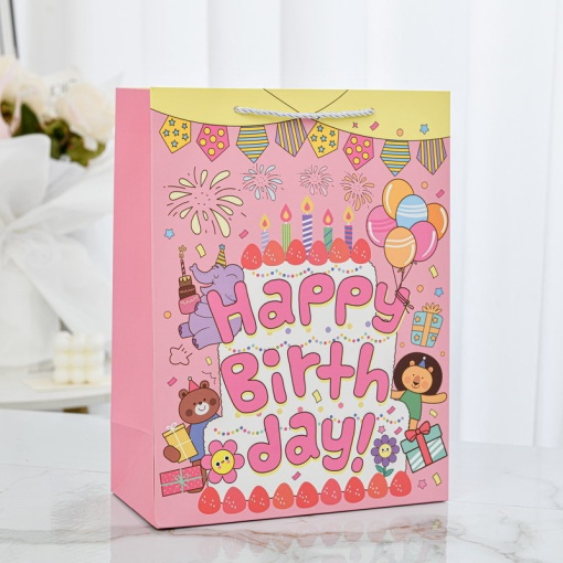 Подарочный пакет "Happy Birthday" розовый 19,5х9,5х24,5см